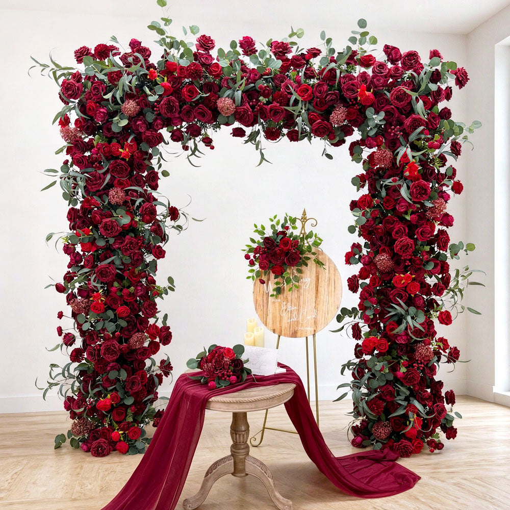 7.2ft Red & Burgundy Rose Floral Wedding Arch
