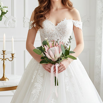 12 inches Free-form Bridal Bouquets in Pink Protea and Green Eucalyptus