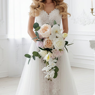 12 inches Cascade Bridal Bouquets in Soft Pink Peony and Roses