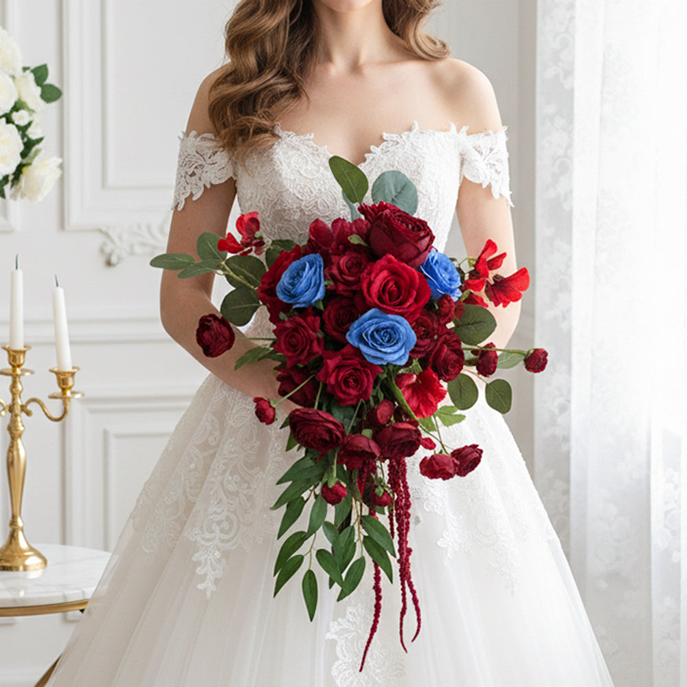 Beda Red Wedding artificial Eucalyptus flowers bouquets featuring elegant Amaranthus stems