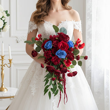12 inches Cascade Bridal Bouquets in Artificial Eucalyptus and Red Roses