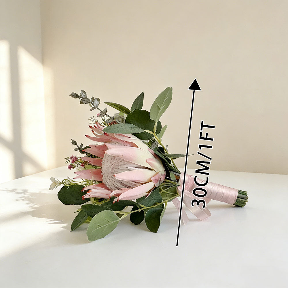 12 inches Free-form Bridal Bouquets in Pink Protea and Green Eucalyptus