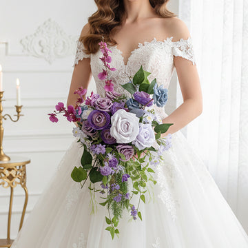12 inches Cascade Bridal Bouquets in Lilac Ranunculus and Roses