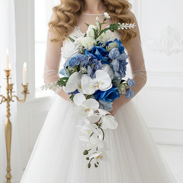 12 inches Cascade Bridal Bouquets in Blue White Orchid