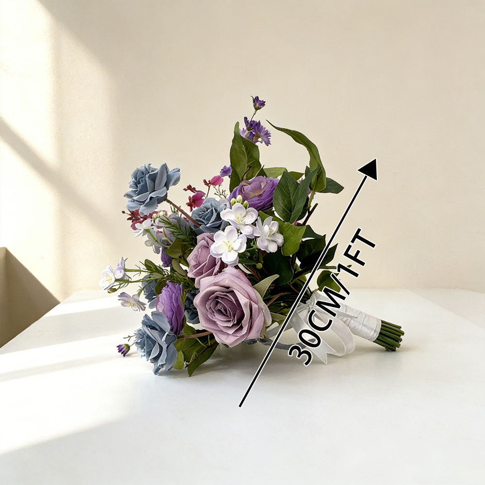 12 inches Silk Roses Bridal Bouquets in Lavender and Blue