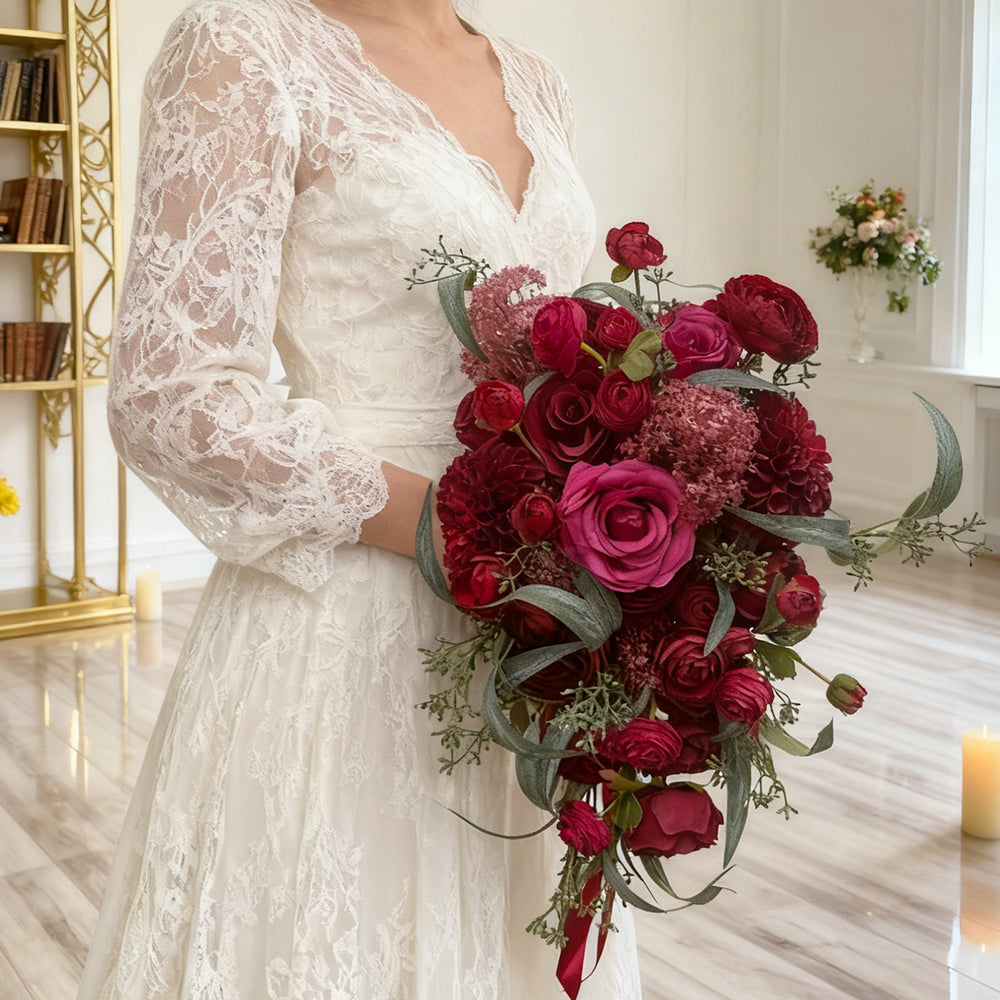 Beda Red Color Wedding party artificial flowers Bridal bouquets silk Lace centerpiece