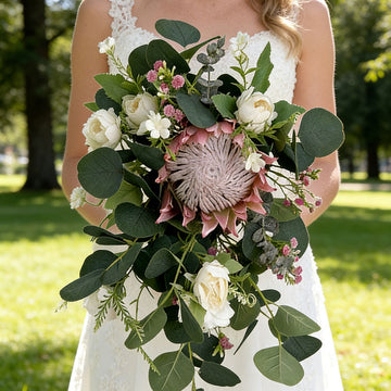 12 inches Cascade Bridal Bouquets in Pink Protea and Green Eucalyptus