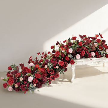 Red faux flowers runner wedding lifelike artificial floral reception table runner
