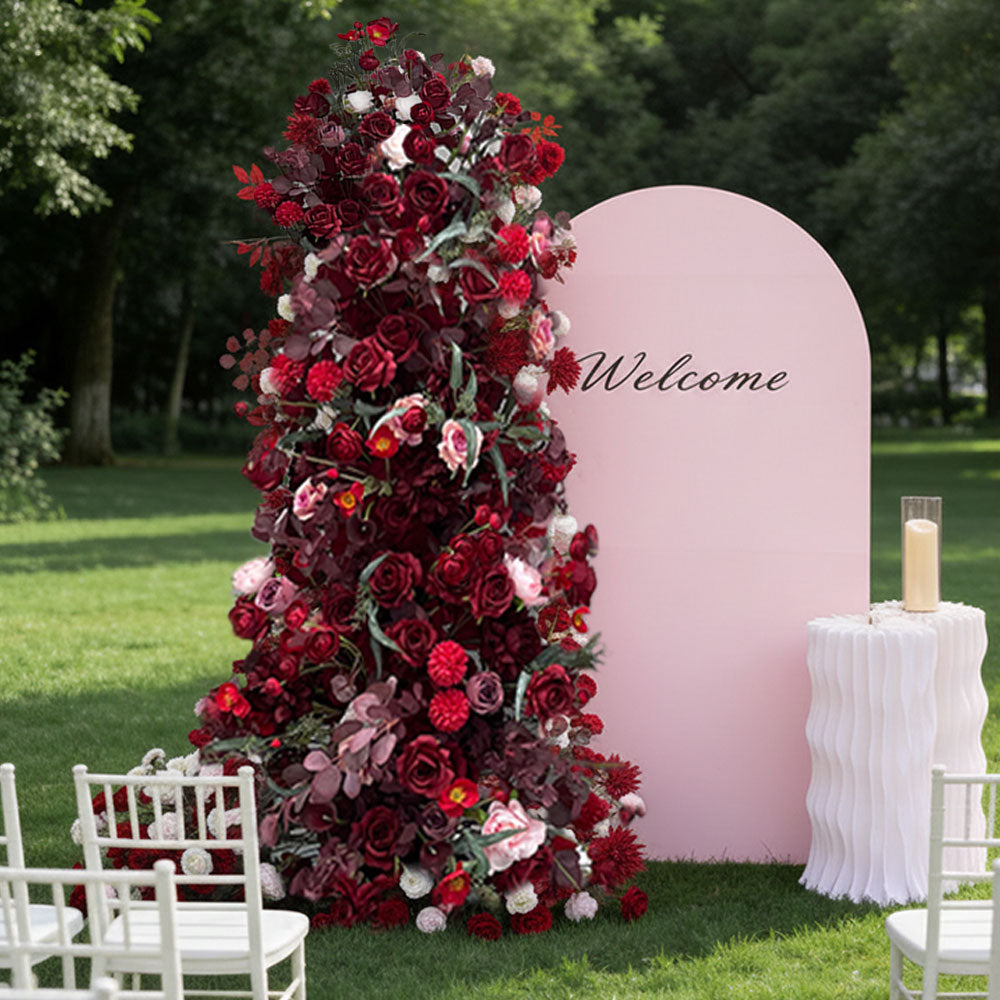 Beda Burgundy Premium silk roses and peony artificial flowers wedding broken arch luxury backdrop