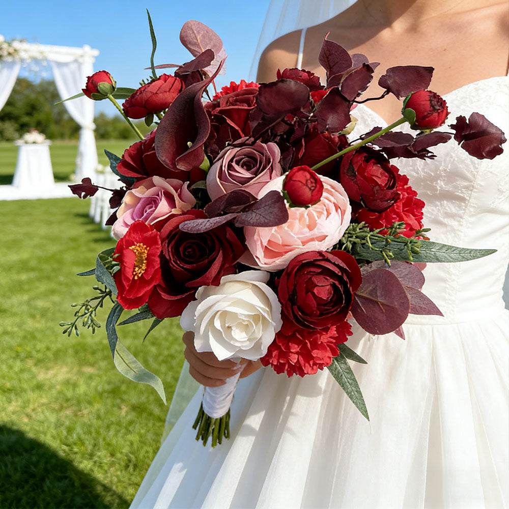 12 inches Artificial Flowers Wedding Bridal Bouquets in Wine Red Color