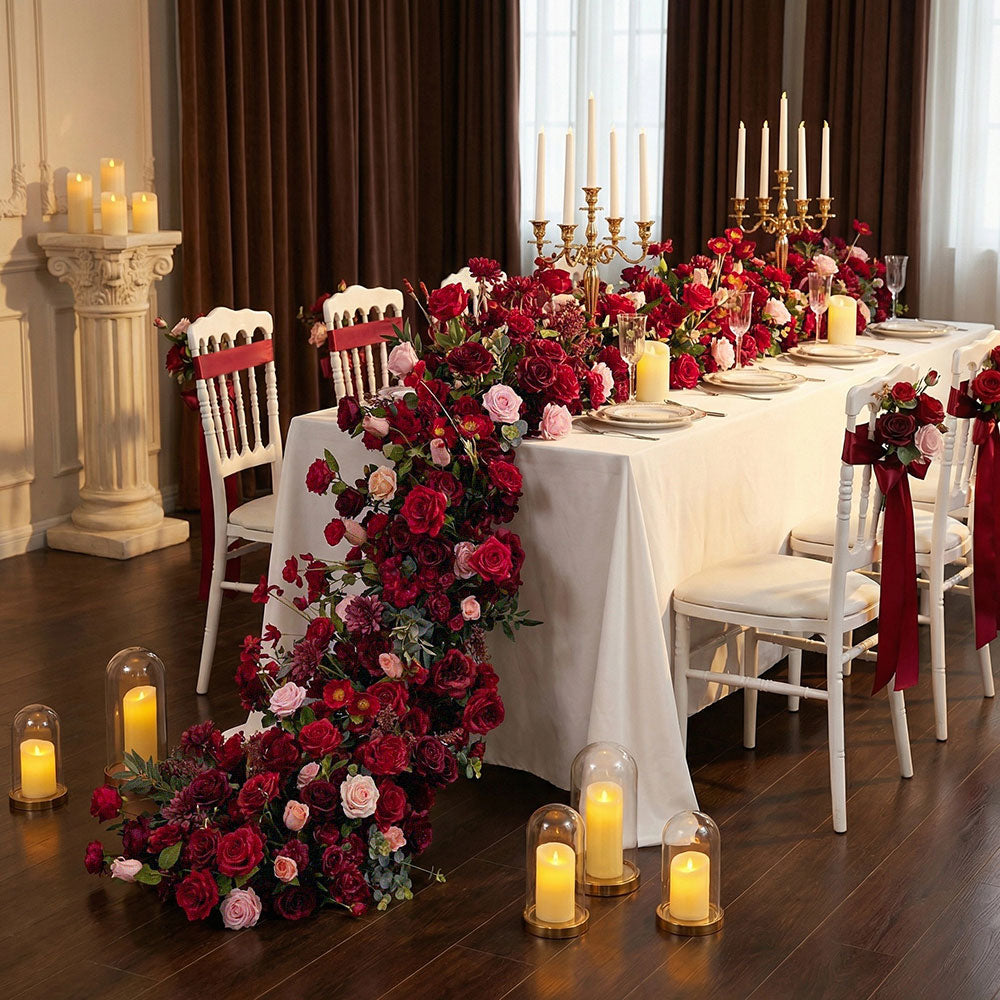 Red faux flowers runner wedding lifelike artificial floral reception table runner