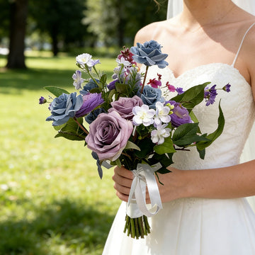 12 inches Silk Roses Bridal Bouquets in Lavender and Blue
