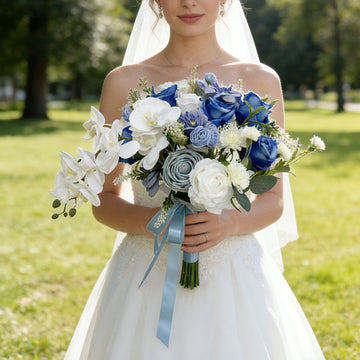 12 inches Round Bridal Bouquets in Blue Garden Roses and White Orchids
