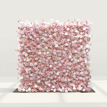 Beda Flower 7D Pink White Rose Roll Up Silk Flower Wall Panel Wedding Event Backdrop Decor