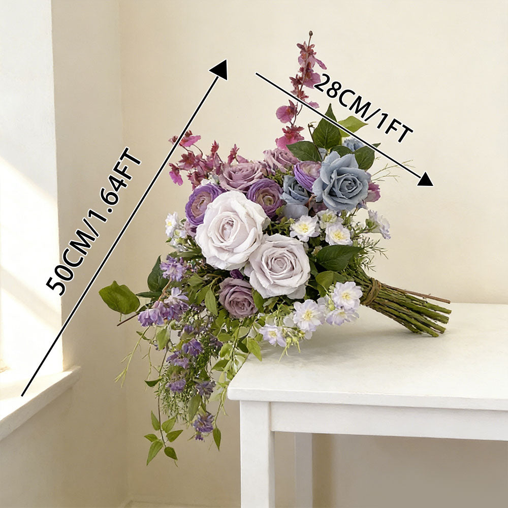12 inches Cascade Bridal Bouquets in Lilac Ranunculus and Roses