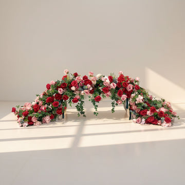 8ft Silk Flowers Wedding Table Runner in Red and Pink