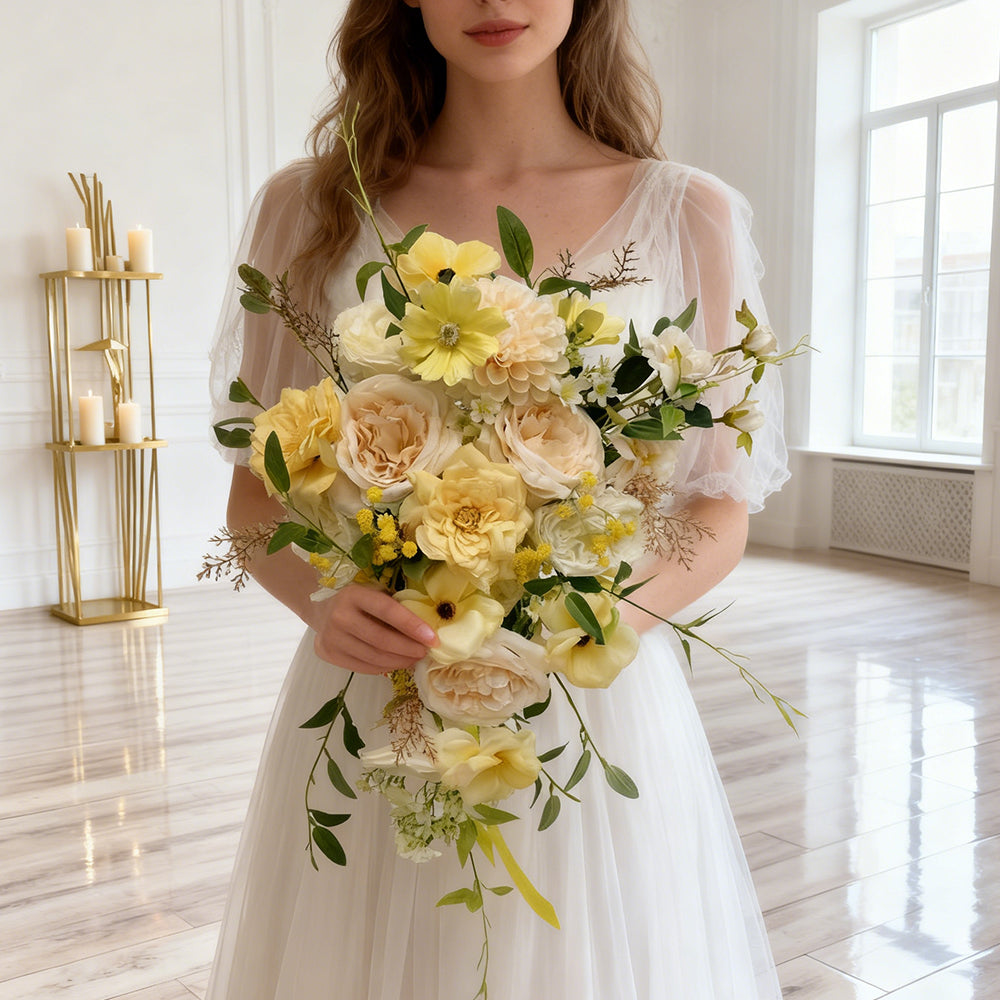 Beda Yellow Luxury Artificial Faux Flowers Bouquets for Brides Wedding Silk Peony Orchids Bridal Bouquet