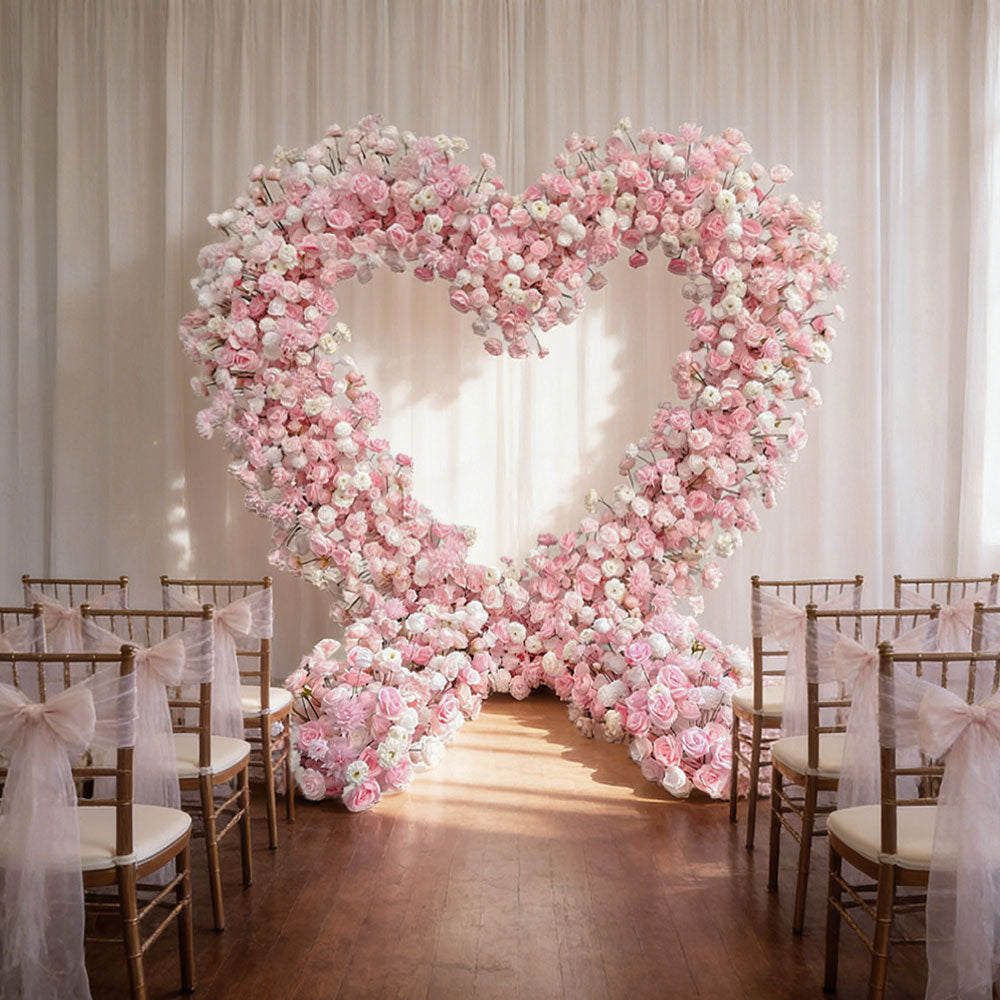 Beda Luxury Wedding Heart Arch And Backdrop Set Pink Artificial Flowers Decoration For Wedding
