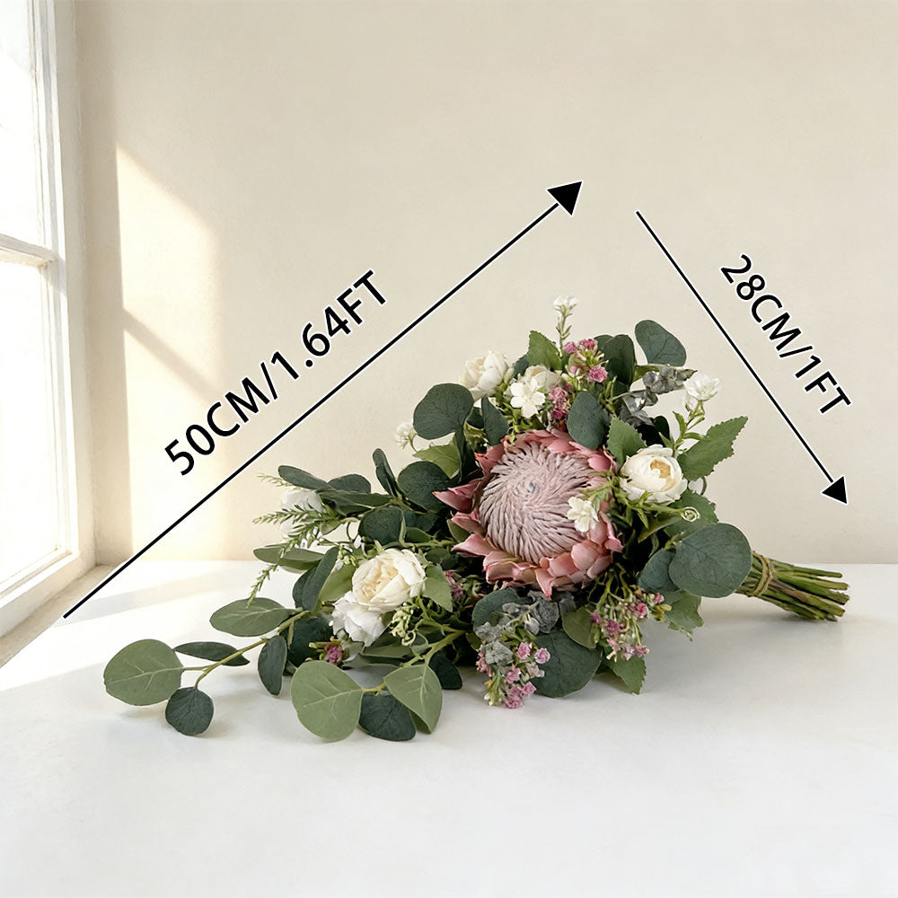 12 inches Cascade Bridal Bouquets in Pink Protea and Green Eucalyptus