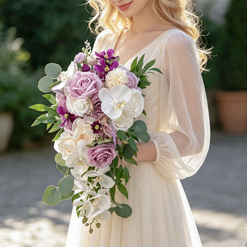 14 inches Cascade Bridal Bouquets Faux Flower in Lilac White
