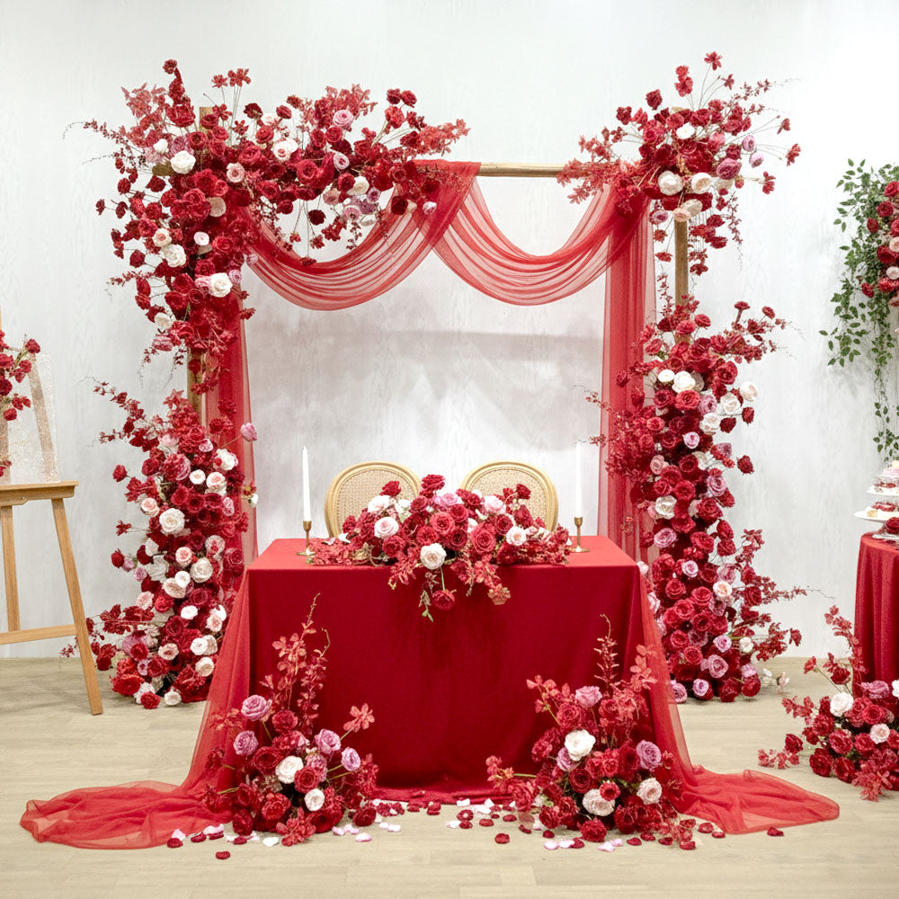 8ft Red realistic silk artificial flowers door arch for wedding ceremony entrance decor