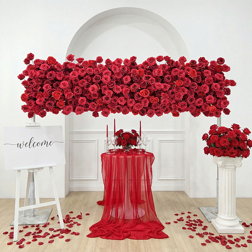 8ft Red fake flowers runner wedding realistic silk banqet table decor durable
