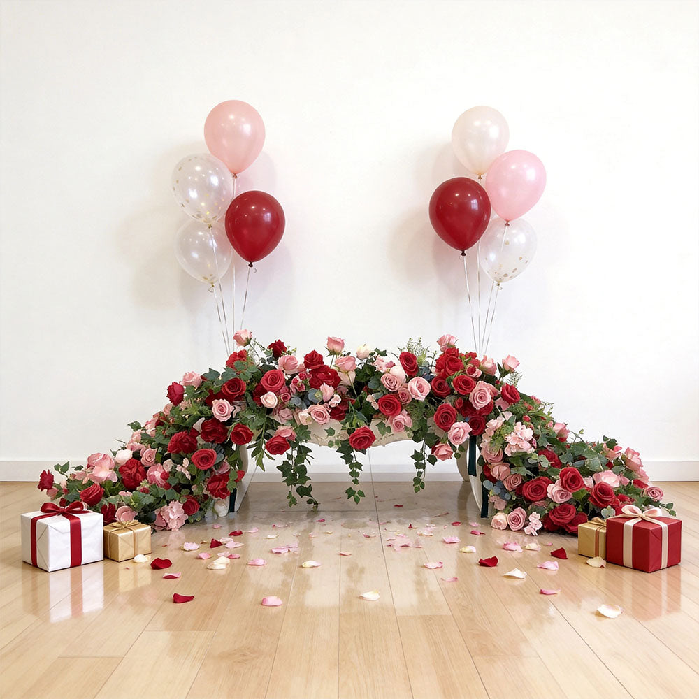 8ft Silk Flowers Wedding Table Runner in Red and Pink