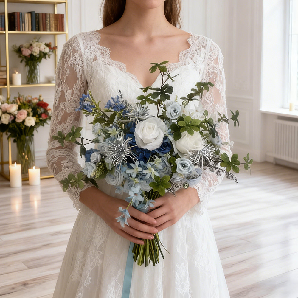 Beda Blue Beautiful artificial Faux Silk flower wedding bouquets delicate silk orchid stems