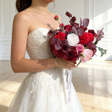 12 inches Artificial Flowers Wedding Bridal Bouquets in Wine Red Color