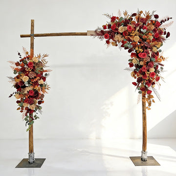 Red rustic artificial flowers wedding arch charming ceremony backdrop decor