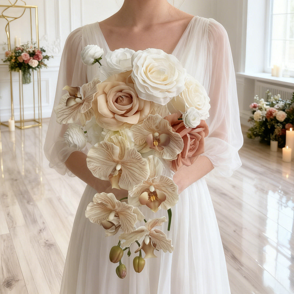 Beda Ivory Color Artificial wedding Silk flowers Bridal bouquets featuring realistic Roses blooms