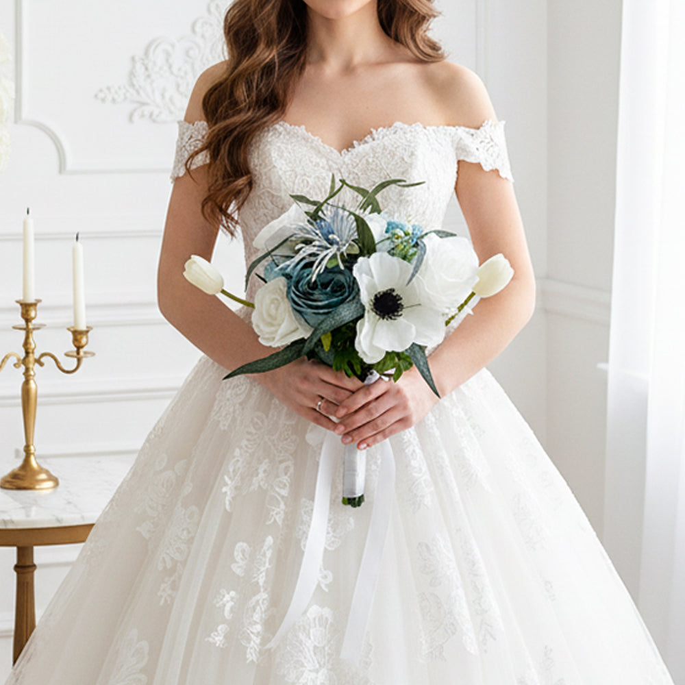 Beda White Elegant Tailored artificial flower wedding bouquets silk Anemone blossom sets