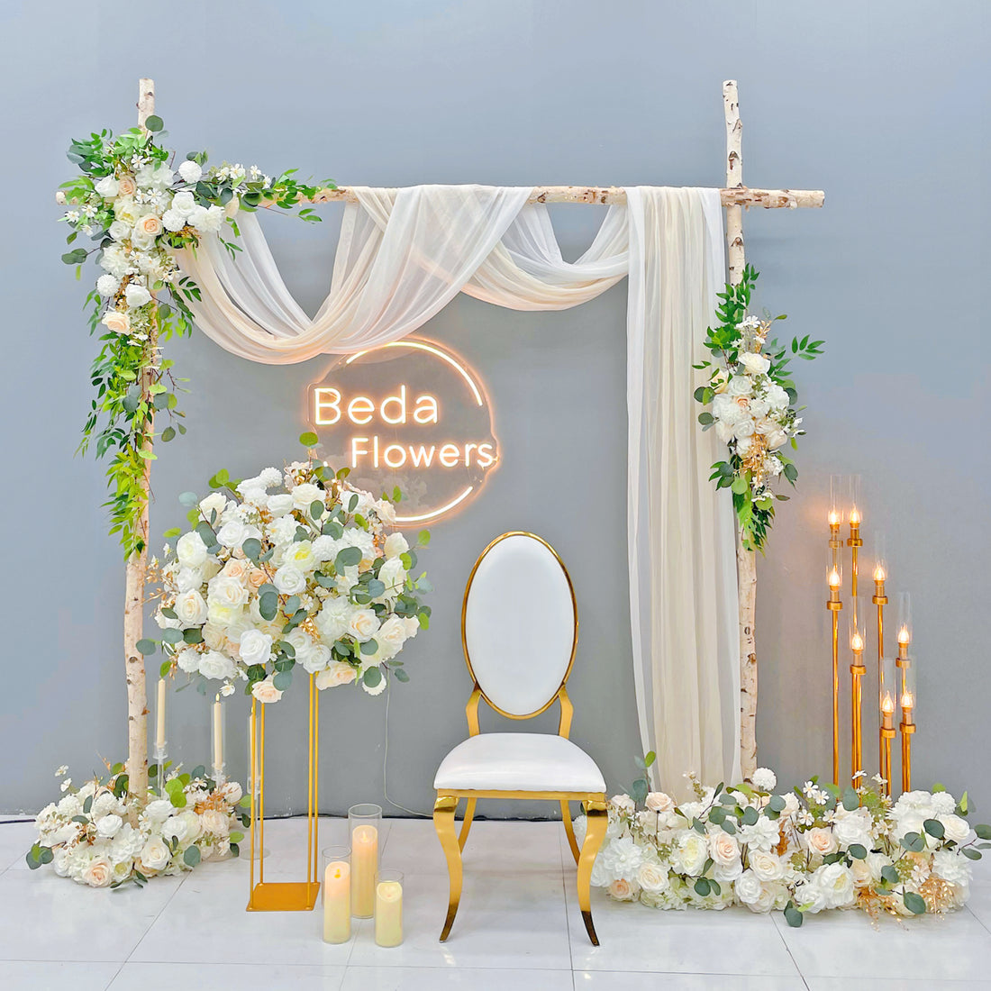 Beda Flower White Champagne Rose Chrysanthemum Leaves Floral Row Table Runner Wedding Decor