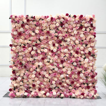Beda Flower 3D Darke Red Pink Orange White Rose Roll Up Silk Flower Wall Panel Wedding Event Backdrop Decor