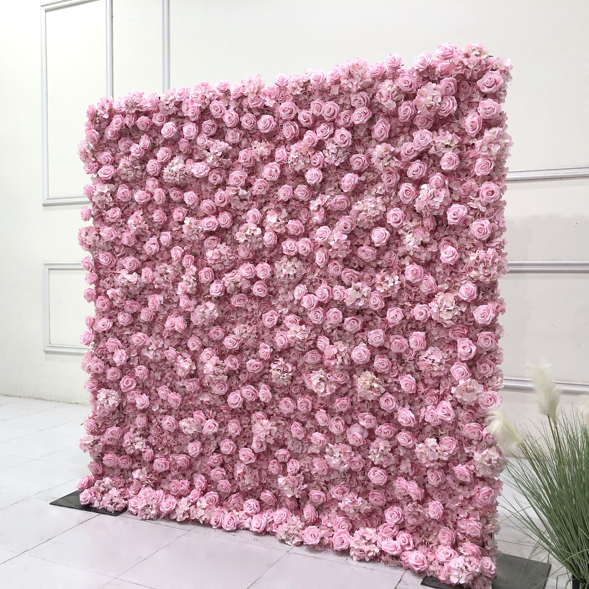 Beda Flower 7D Pink White Rose Roll Up Silk Flower Wall Panel Wedding