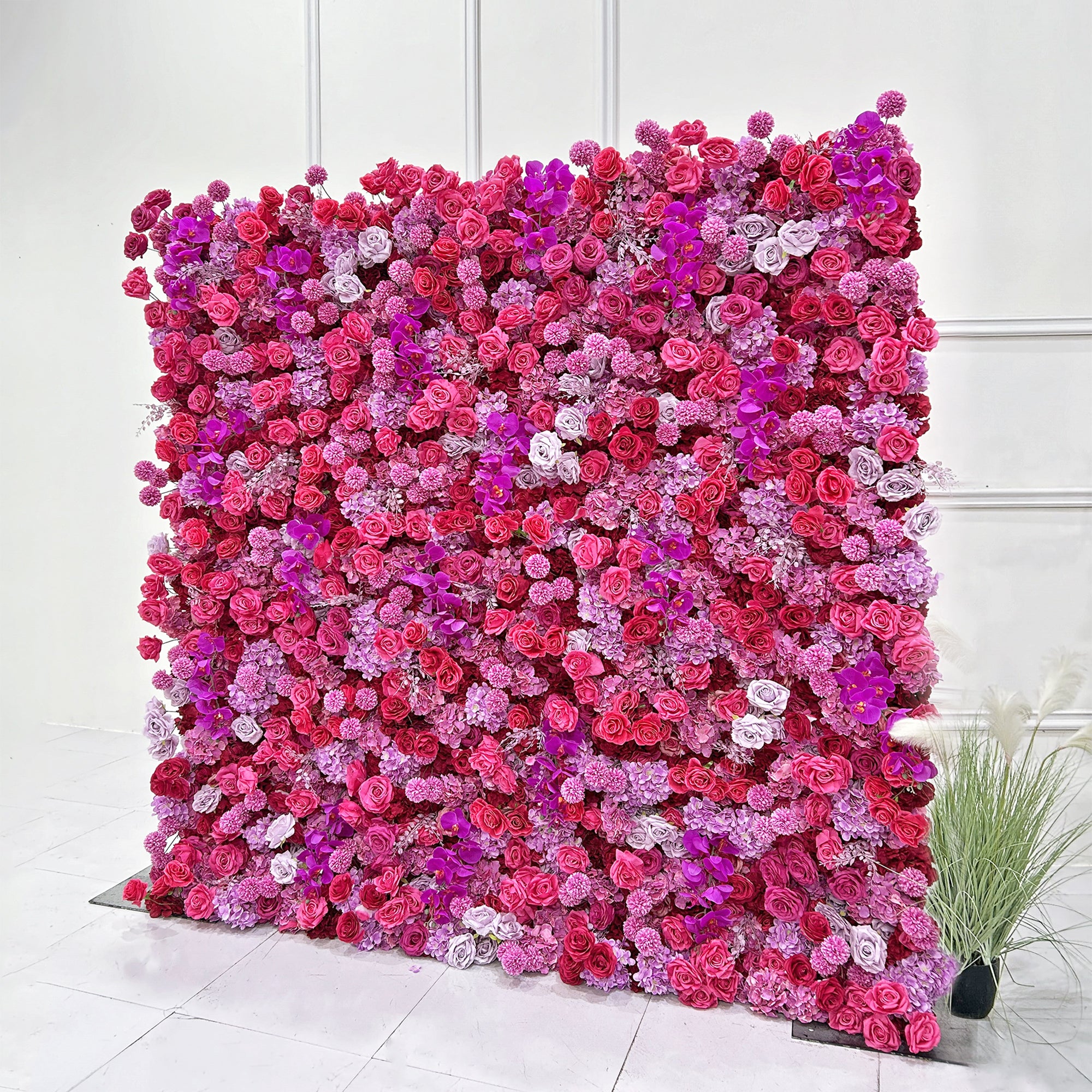 Beda Flower 7D Pink White Rose Roll Up Silk Flower Wall Panel Wedding