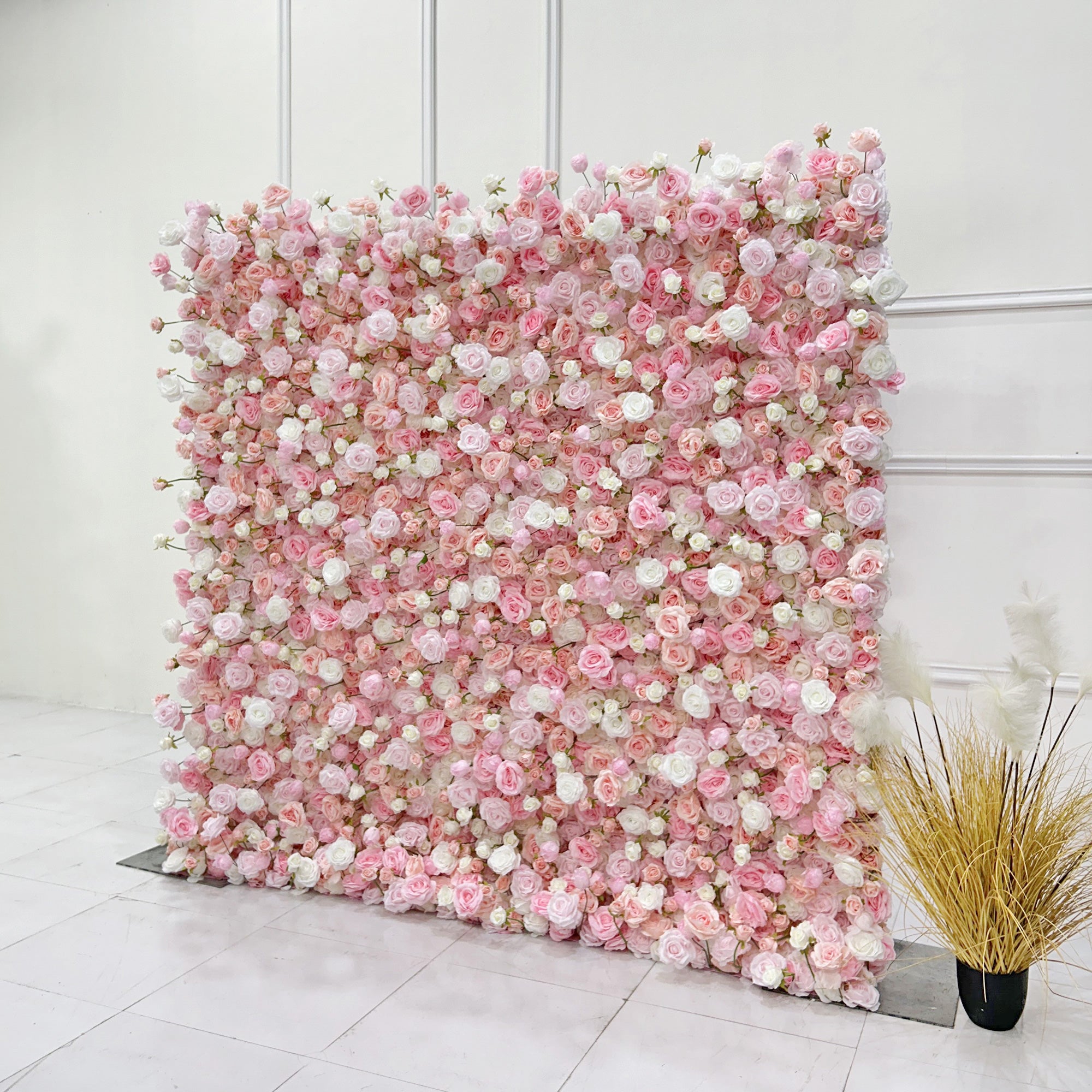 Beda Flower 7D Pink White Rose Roll Up Silk Flower Wall Panel Wedding