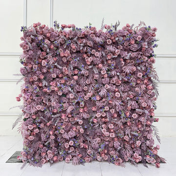 Beda Flower 7D Purple Grayish-Pink Rose Hydrangeas Leaves Roll Up Silk Flower Wall Panel Wedding Event Backdrop Decor