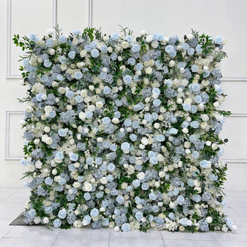 Beda Flower 7D Blue White Rose Hydrangeas Greenery Roll Up Silk Flower Wall Panel Wedding Event Backdrop Decor